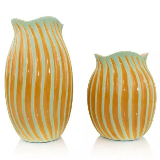 Orange Flower Vases with Green Details - Set of 2