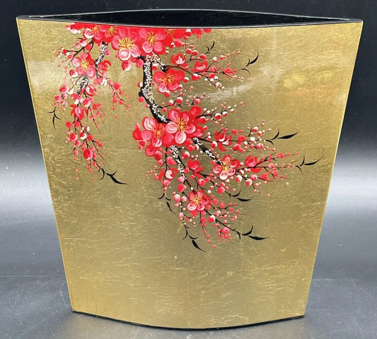 Lacquer Wood Decorative Vase Gold Woman Hat Cherry Blossom V Shaped Marquise
